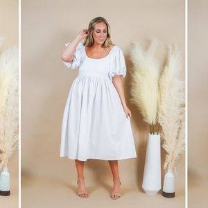 White puff sleeve midi dress